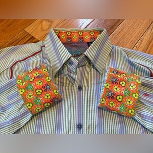Robert Graham Floral Flip Cuff Button Down Shirt Men's Size Large Vert Stripe